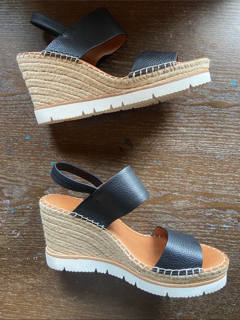 gentle souls Black Leather Wedge Sandals with Tan Footbed - Picture 5 of 9